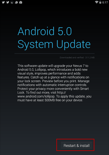 riavvia Nexus 7 e installa Android 5