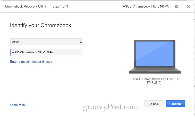l'utilità di ripristino del Chromebook seleziona il modello