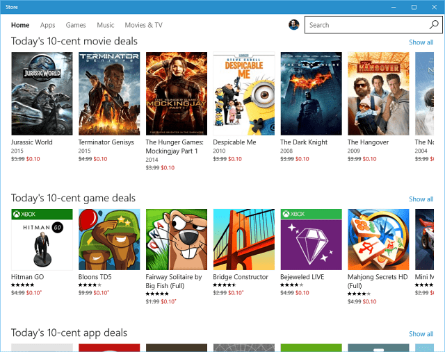 Microsoft offre offerte da 10 centesimi su app, musica, giochi e film