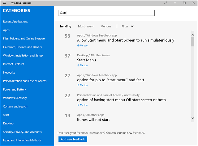 App di feedback di Windows 10