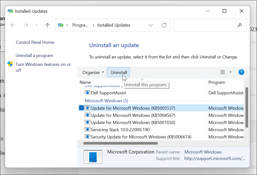 disinstallare l'aggiornamento cumulativo di Windows 11