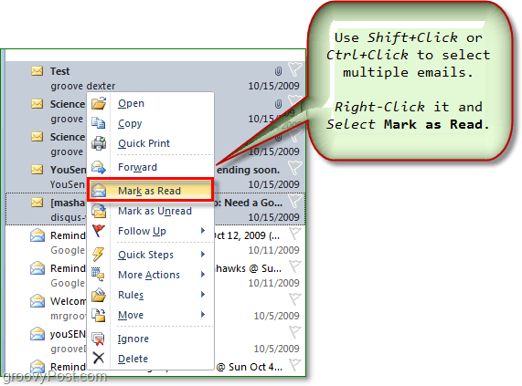 selezionare più e-mail e contrassegnare più e-mail come lette o non lette in Outlook Office 2010