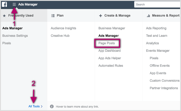 Opzione Page Posts in Facebook Ads Manager