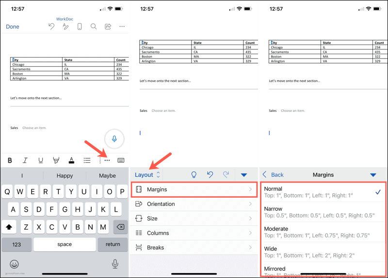 Modificare i margini in Word su dispositivi mobili