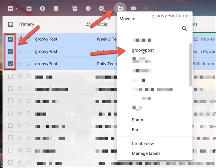 Spostare i messaggi di Gmail
