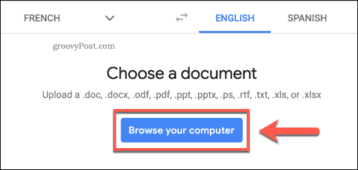 Il pulsante Sfoglia il tuo computer sul sito Web di Google Translate