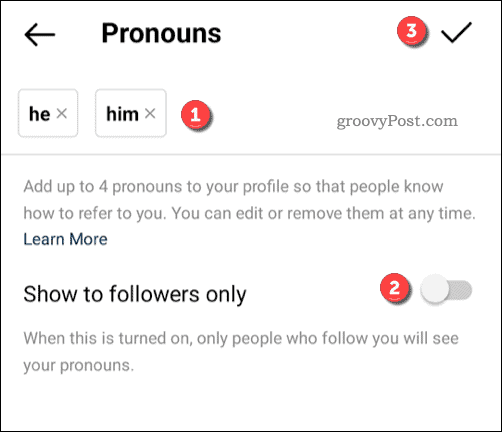 Aggiunta di pronomi a un profilo Instagram