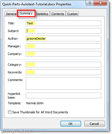 la scheda di riepilogo ti consente di modificare le proprietà avanzate del documento in Word 2010