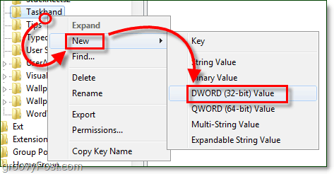 creare la dword taskband in Windows 7