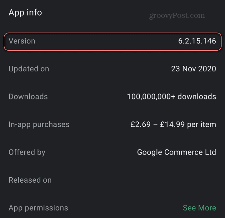 Numero del Play Store della versione dell'app Android