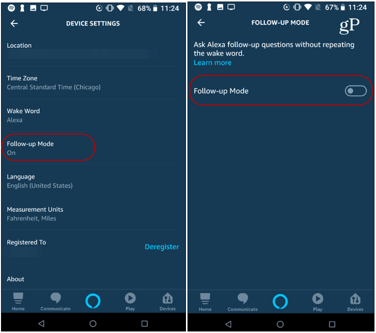 Impostazioni app Alexa Disabilita la modalità di follow-up