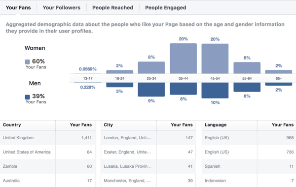 Dati demografici del pubblico di Facebook Insights.