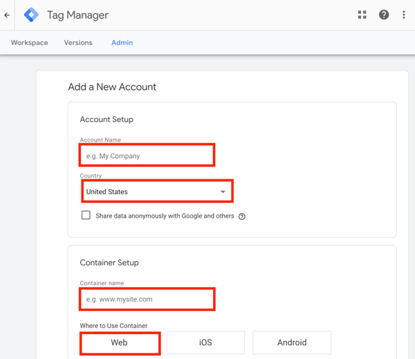 Utilizza Google Tag Manager con Facebook, passaggio 1, impostazione per aggiungere un nuovo account Google Tag Manager