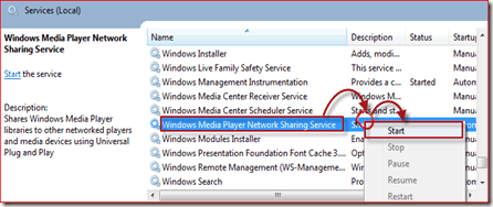 avviare il servizio Windows Media Player 12