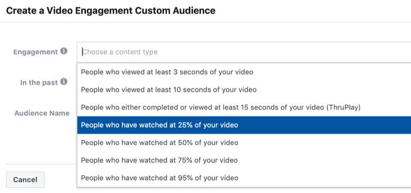 finestra di dialogo per creare un pubblico personalizzato di coinvolgimento video di Facebook