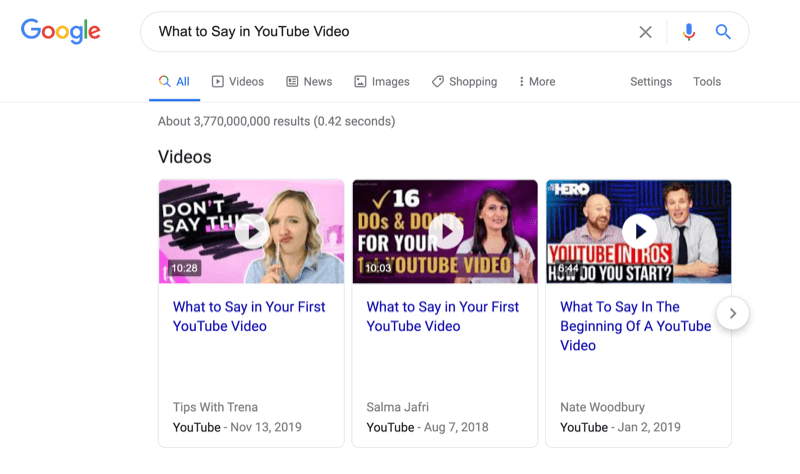 screenshot di una ricerca su Google per cosa dire nel video di YouTube con i risultati della ricerca video annotati