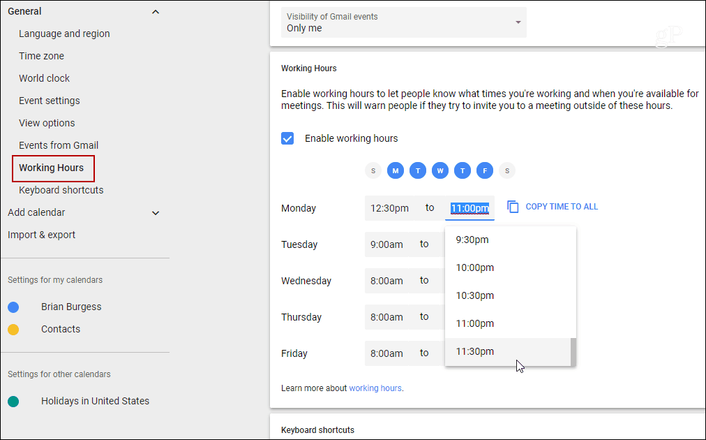 Imposta l'orario di lavoro per singoli giorni Google Calendar