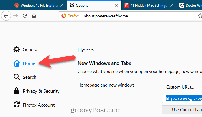 Fai clic su Home nella pagina Impostazioni in Firefox