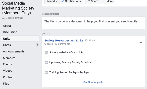 Come utilizzare le funzionalità dei gruppi di Facebook, esempio di unità di gruppo per la Social Media Marketing Society 