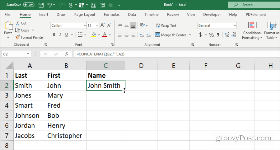 usando concatenato per i nomi in Excel