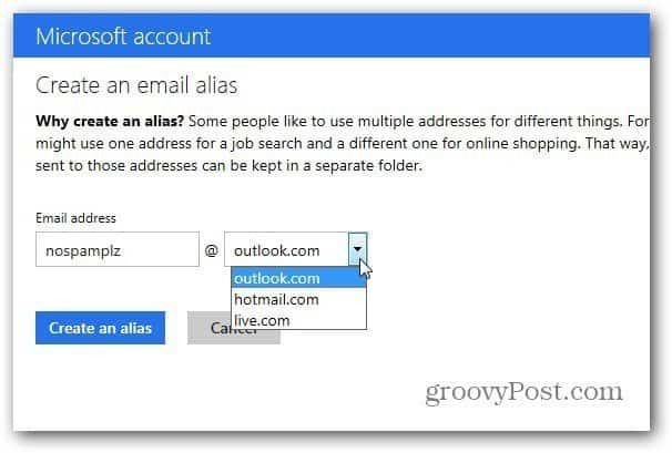 Funzionalità alias di Outlook.com