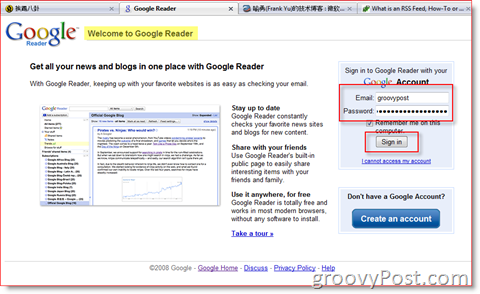 Pagina di accesso di Google Reader:: groovyPost.com