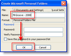 Assegna un nome al tuo file .PST, seleziona una password e fai clic su OK image:: groovyPost.com