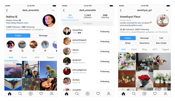 Esempi di potenziali modifiche al tuo profilo Instagram.