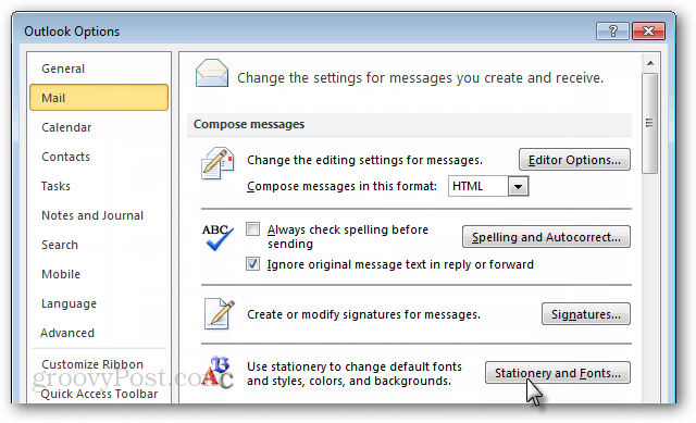 Outlook 2010 opzioni di posta