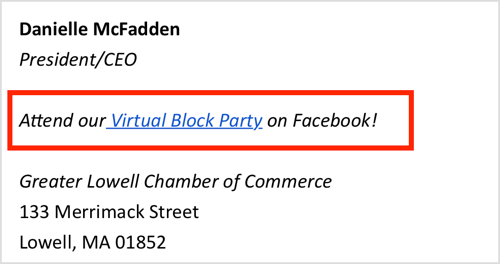 Promuovi il tuo evento Facebook virtuale nella tua firma e-mail.