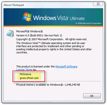 Visualizza proprietario e organizzazione per Windows Vista