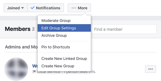 Come migliorare la community del tuo gruppo Facebook, opzione di menu per modificare le impostazioni del gruppo Facebook