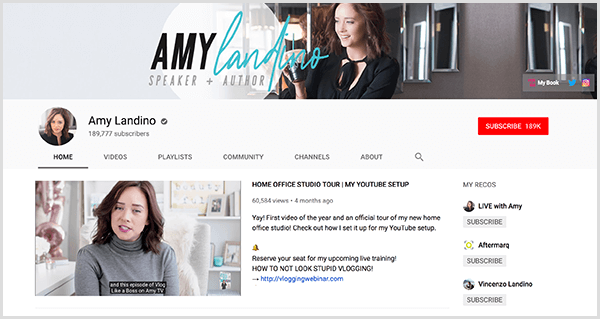 AmyTV è il canale YouTube rinominato di Amy Landino. La pagina del canale presenta le foto di Amy e il video che ha usato per lanciare il suo canale rinominato.