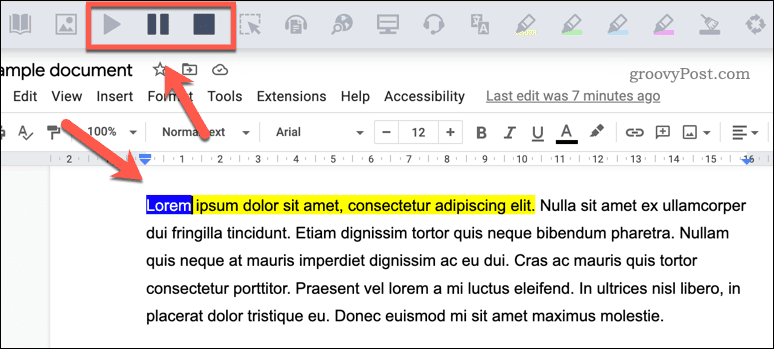 Opzioni di riproduzione per l'estensione Read&Write in Google Docs