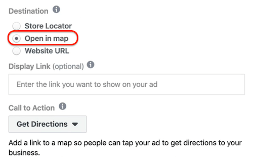 Opzione Apri nella mappa selezionata a livello di annuncio in Facebook Ads Manager