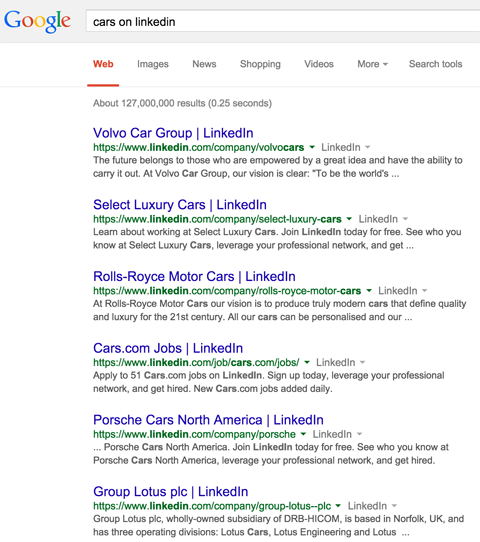 risultati della pagina aziendale di linkedin nei risultati di ricerca di google per le auto su linkedin