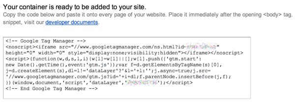 esempio di snippet di codice di google tag manager