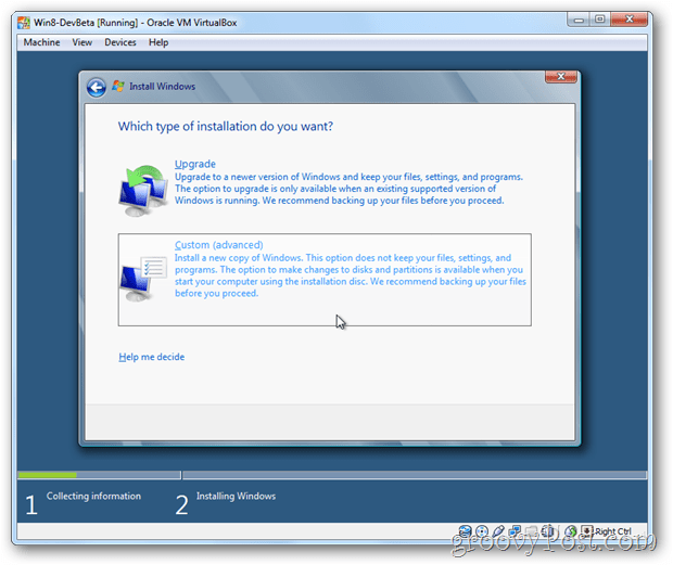 VirtualBox Windows 8 scegli l'installazione personalizzata