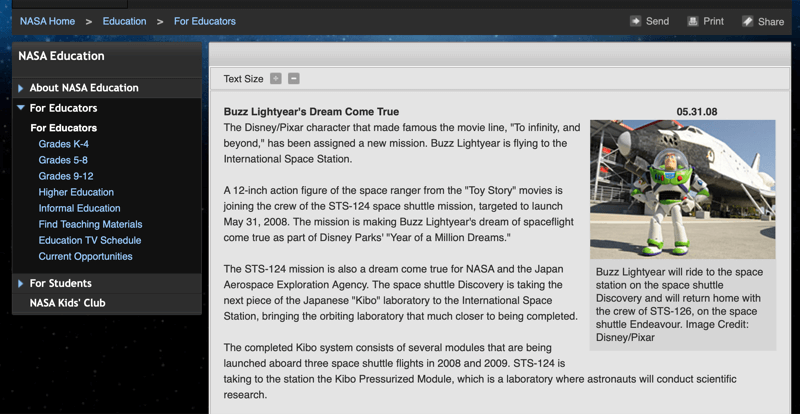 Articolo della NASA sul giocattolo Buzz Lightyear nello spazio