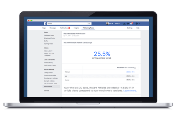 Facebook ha lanciato un nuovo strumento di analisi che confronta il rendimento dei contenuti pubblicati tramite la piattaforma di articoli istantanei di Facebook rispetto ad altri equivalenti del web mobile.