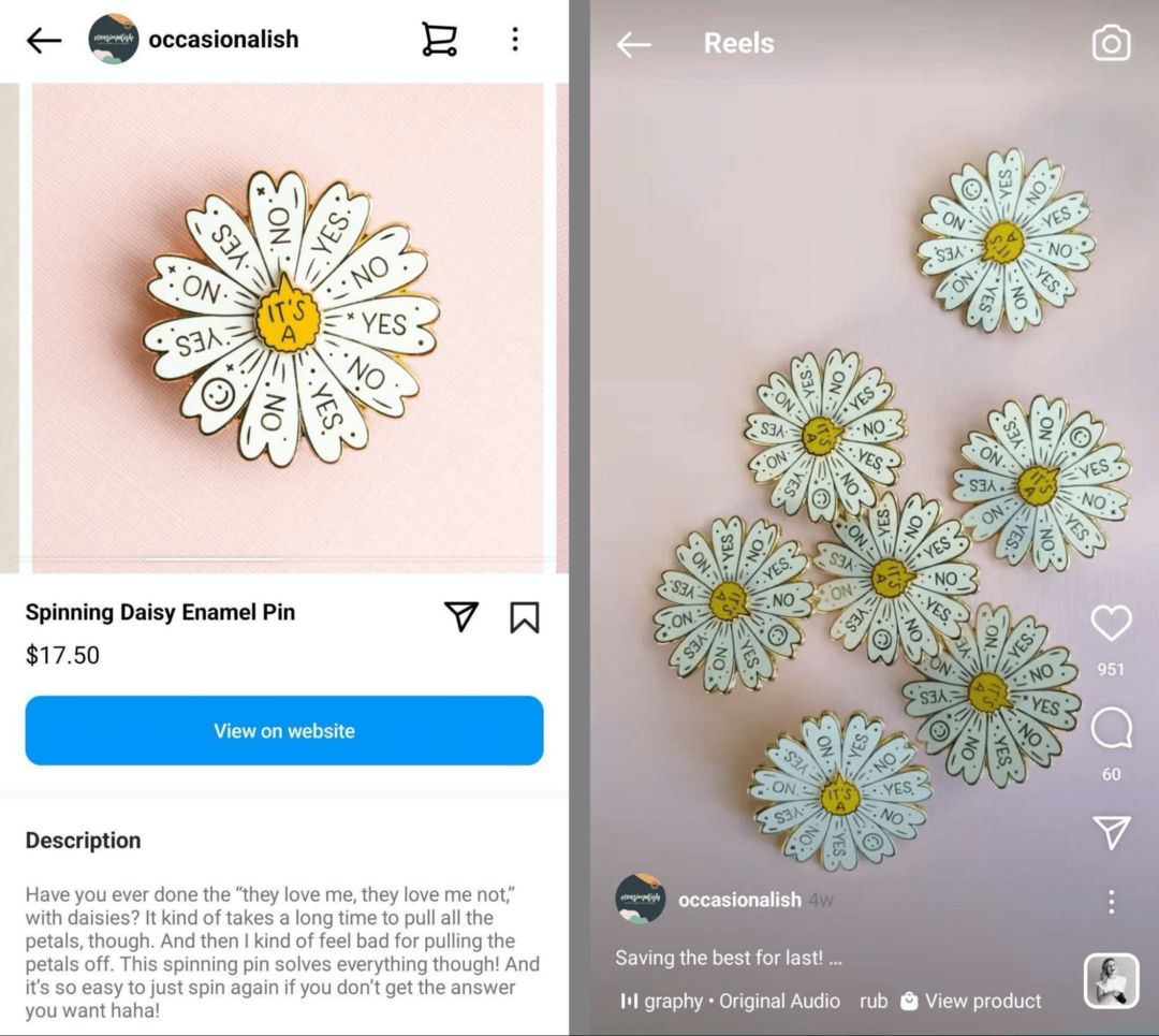 immagine dello stesso prodotto in un negozio Instagram e una bobina di Instagram