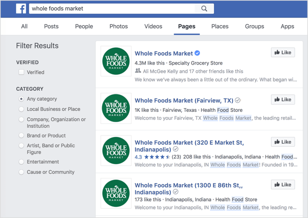 Le singole pagine della posizione vengono visualizzate nella ricerca di Facebook.