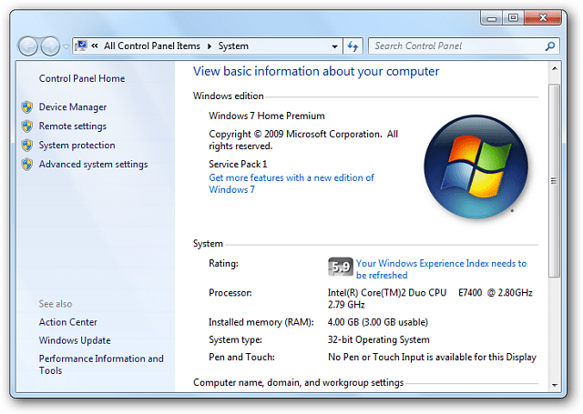 Strumento WEI Windows 7