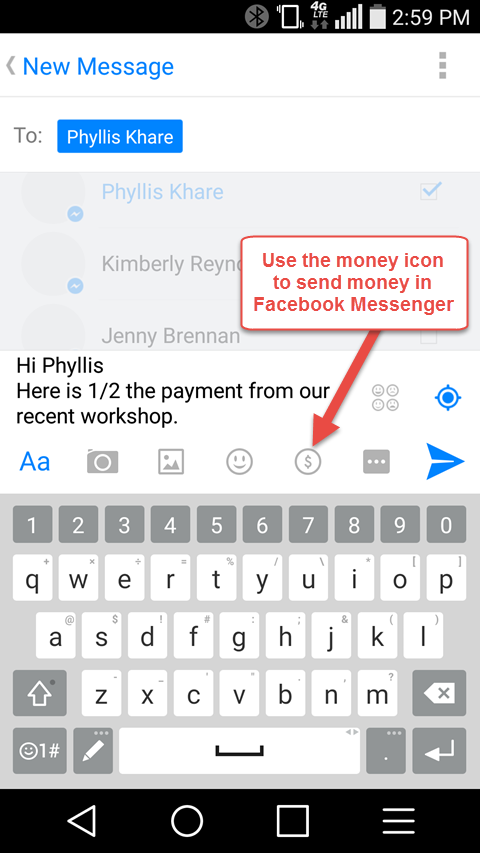 opzione di invio di denaro in Facebook Messenger