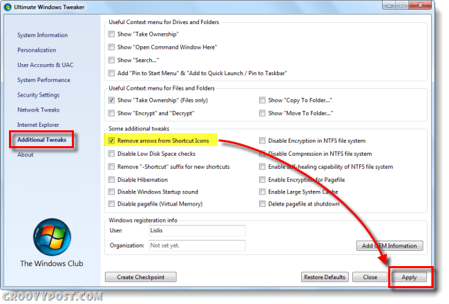 Come rimuovere l'icona di collegamento di Windows 7 Freccia Overlay