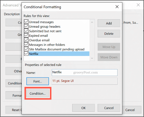 Il pulsante Condizioni di formattazione condizionale in Microsoft Outlook