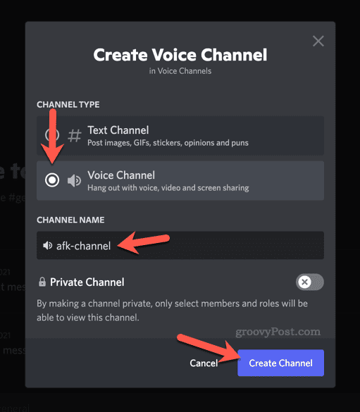 Impostazione delle opzioni per un nuovo canale vocale su Discord