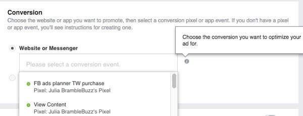 Quando imposti una campagna pubblicitaria di conversioni sul sito web, seleziona il pixel che verrà utilizzato per monitorare le conversioni.
