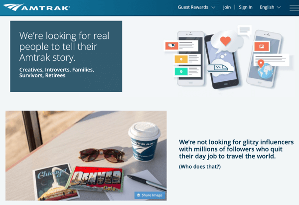 Come reclutare influencer sociali a pagamento, esempio del programma di residenza sui social media di Amtrak