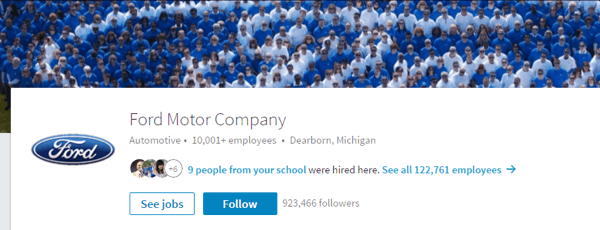 La pagina LinkedIn di Ford Motor Company include immagini pertinenti e dettagli aggiornati.
